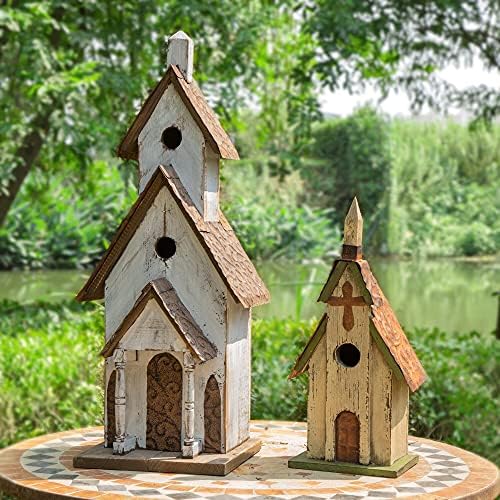 Glitzhome Rustic Hand Painted Wooden Church Birdhouse, Extra-Large 23.62" H Hanging Bluebird Houses for Outside