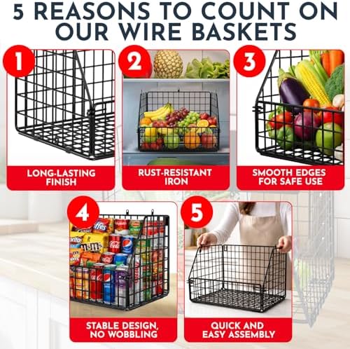 3x Stackable Hanging and Counter Baskets, Hanging Fruit Baskets for Kitchen