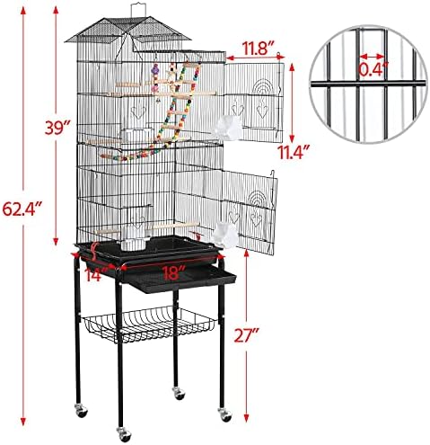 Yaheetech Bird Cage 64'' Medium Small Parrot Parakeet Bird Cages with Detachable Rolling Stand for Parrot Lovebirds Finches Parakeets Budgie Parrotlet Conures, Pet Flight Birdcage