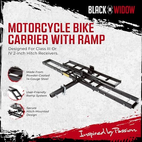 Black Widow Steel Motorcycle Carrier with Ramp for 2-Inch Receiver, 500 lb Capacity - Hitch-Mounted Dirt Bike and Scooter Hauler with Grit-Coated Track and Anti-Rattle Device for SUVs and Trucks