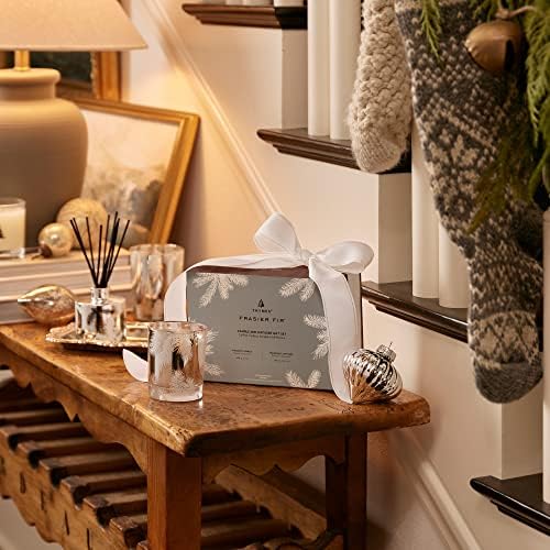 Thymes Frasier Fir Candles - Statement Collection - Silver with Pine Needle Design - Scented Candles for Home Decor - Notes of Siberian Fir Needles, Cedarwood & Sandalwood - Large 4 Wick (40 oz)
