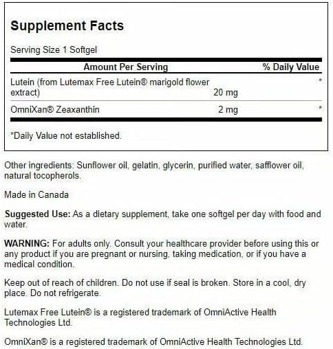 Swanson Synergistic Eye Health, Lutein 20 mg Zeaxanthin 2 mg, 60 Softgels | Synergistic Eye Health with Lutein 20 mg and OmniXan Zeaxanthin 2 mg to Protect the Retina and Macula from Blue Light