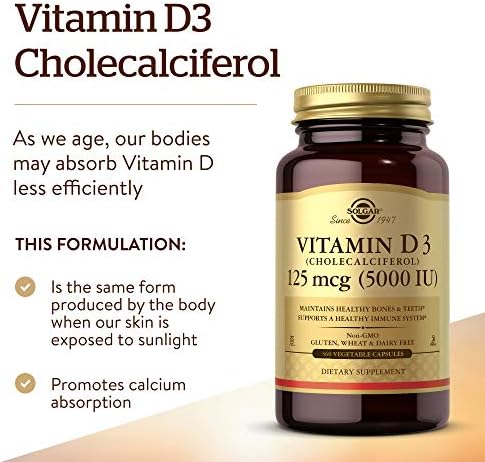 Solgar Vitamin D3 (Cholecalciferol) 125 Mcg (5000 IU), 120 Vegetable Capsules - Helps Maintain Healthy Bones & Teeth - Immune System Support - Non-GMO, Gluten Free, Dairy Free, Kosher - 120 Servings | Helps Maintain Healthy Bones & Teeth, Immune System S…