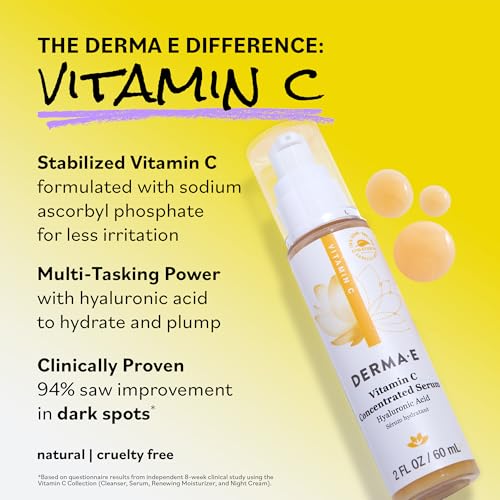DERMA E Vitamin C Concentrated Serum, 2 Oz, with Hyaluronic Acid, Vitamin E & Aloe, All Natural, Antioxidant-Rich Concentrated Formula