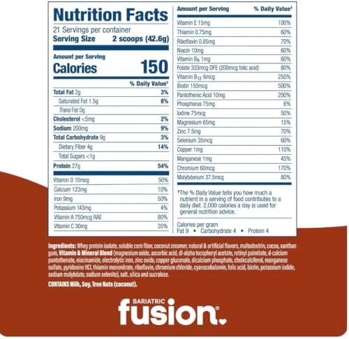 Bariatric Fusion Cappucino Meal Replacement 27g Protein Powder, 21 Serving Tub for Bariatric Surgery Patients Including Gastric Bypass and Sleeve Gastrectomy - No Gluten, Aspartame or Sugar