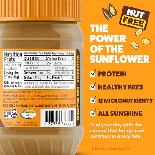 SunButter Original Sunflower Seed Butter, 16 oz Nut-Free Spread with 7g Plant-Based Protein, Roasted Rich & Savory Flavor, Smooth Texture | Vegan, Kosher & Non-GMO