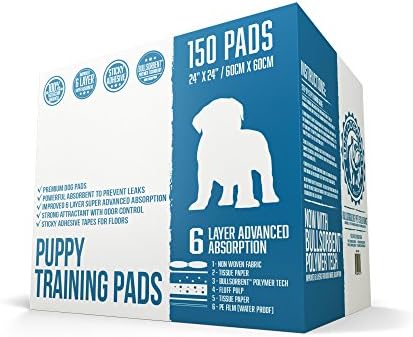 Bulldogology Puppy Training Pads - Pee Pads with Adhesive Sticky Tape (24x24) Large Dog Training Wee Pads with 6 Layer Extra Quick Dry Bullsorbent Polymer Tech (100-Count, White)