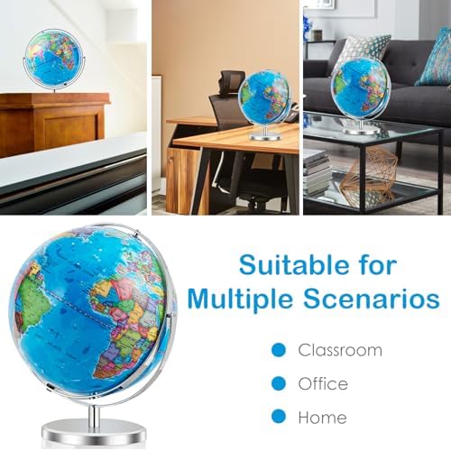 Goplus 13" Large World Globe with Stand, 720° Rotating Illuminated Globe with LED Lights, Metal Base, Desktop Geographic Globe for Home Office