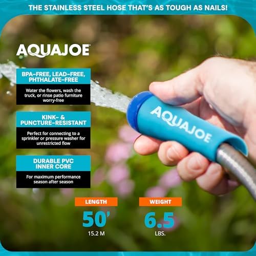 Aqua Joe 50-Foot Heavy Duty Garden Hose, Spiral 304 Stainless Steel Metal Hose, Puncture Proof, 1/2 Inch Diameter with Aluminum Fittings, AJSGH50