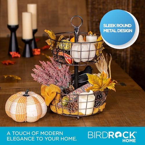 BIRDROCK HOME 3 Tier Wire Fruit Basket | Round Metal Standing Baskets | Fruit Vegetable Garlic Caddy | Freestanding Rustic Decorative Basket