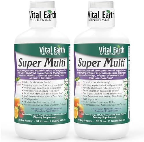 Vital Earth Minerals Super Multi – Liquid Multivitamins for Women, Men & Kids, Liquid Vitamins with Fulvic Acid for Better Absorption, MTHFR Support, 32 Oz + 1 Oz Cup