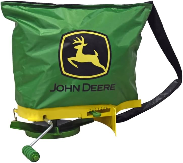 John Deere 25 lb Handheld Bag Seeder Spreader with Waterproof Bag, Enclosed Gears, Adjustable Shoulder Strap, Rear Baffle