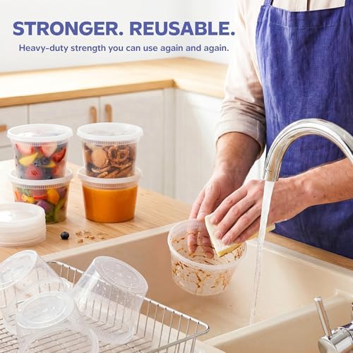 GUSTO 32 oz Plastic Deli Containers with Lids [24 Sets] Food Storage | Microwave, Dishwasher & Freezer Safe, Disposable or Reusable, BPA Free, Leak-Proof, Soups, Takeout, Meal Prep & Leftovers