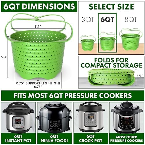 Avokado Silicone Steamer Basket for 3qt Instant Pot [6qt, 8qt avail], Other Pressure Cookers - 100% Food Safe, BPA-Free