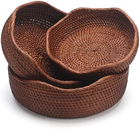 YANGQIHOME Rattan Bread Basket, Round Fruit Baskets, Wicker Storage Bowls, Natural Woven Serving Basket Bowls