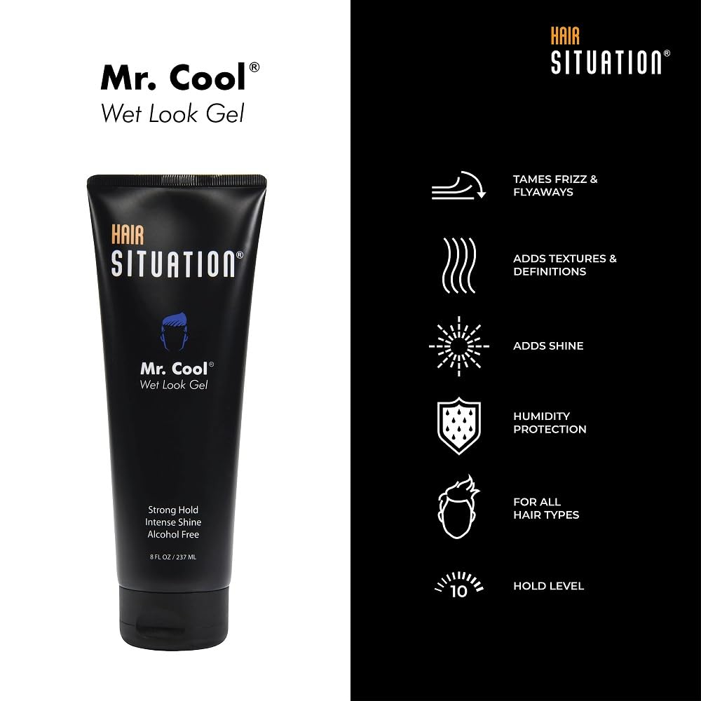 Hair Situation Mr. Cool Wet Look Strong Hold Hair Styling Hair Gel, High Shine, Anti-Humidity Shield, Anti-Frizz Fly Away, Alcohol-Free