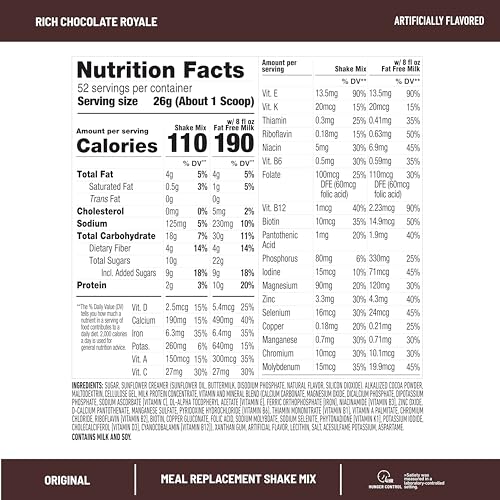 SlimFast Meal Replacement Powder, Original Rich Chocolate Royale, Weight Loss Shake Mix, 10g of Protein, 52 Servings (Packaging May Vary)