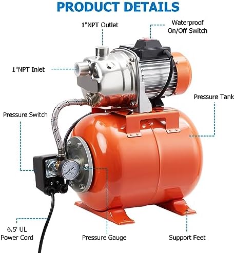 TrailBlaze 1HP Shallow Well Pump with Pressure Tank, 115V, Stainless Steel Lawn Sprinkler Irrigation Pump, Automatic Water Booster Jet Pumps for Home, Garden, Lawn, Farm