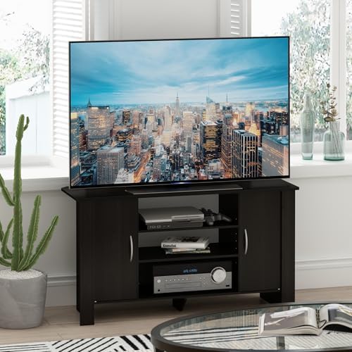 Furinno Econ TV Stand Entertainment Center, Espresso | with Adjustable Shelf, Open Back TV Console with Door Storage for TV up to 50 Inch, for Living Room, Bedroom
