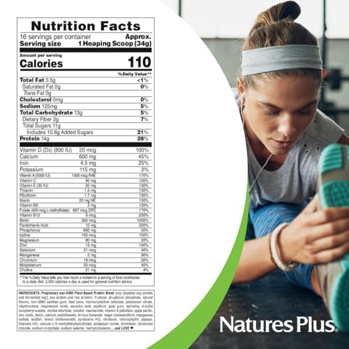 NaturesPlus SPIRU-TEIN, Strawberry - 1.2 lb - Plant-Based Protein Shake - Non-GMO, Vegetarian, Gluten Free - 16 Servings
