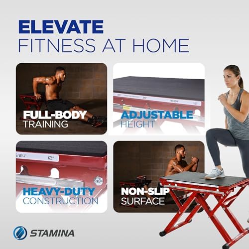 Stamina X 12" to 24" Adjustable Height Plyo Step Up Exercise Box For Home Workout with Access to Muuv, Non-Slip Surface and Workout Guide, Black/Red