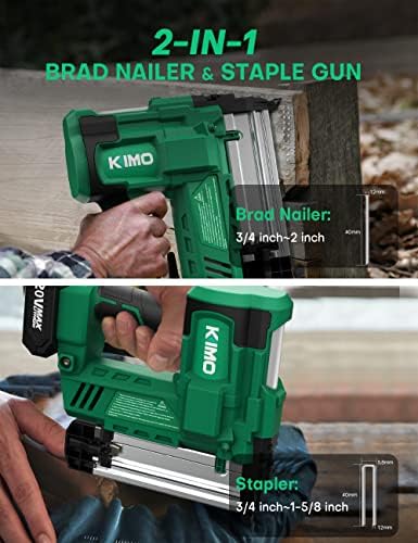 KIMO 18 Gauge Nail Gun Battery Powered w/ 2 X 2.0Ah Battery, 1000pcs Nails and Staples, 2 IN 1 Cordless Brad Nailer and Stapler, 2 Firing Modes