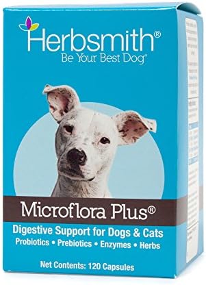 Herbsmith Microflora Plus – Dog Digestion Aid –Probiotics and Digestive Enzymes for Dogs – Prebiotic for Dogs – 60 Capsules