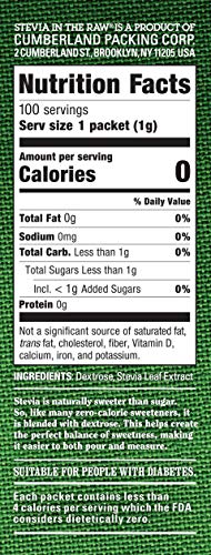 Stevia In The Raw, Plant Based Zero Calorie, No Erythritol, Sugar Substitute, Sugar-Free Sweetener for Coffee, Hot & Cold Drinks, Suitable For Diabetics, Vegan, Gluten-Free, 100Count Packets (1 Pack)