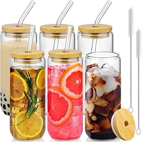 20 Oz Drinking Glasses - 6 Pcs Glass Cups with Bamboo Lids and Straws | Food-grade durable clear tumbler, Coffee bar accessories, Aesthetic gift