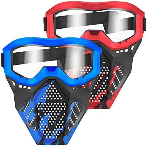 POKONBOY 2 Pack Tactical Mask with Goggles Compatible with Nerf Rival , Apollo, Zeus, Khaos, Atlas, & Artemis Blasters Rival Mask Red & Blue