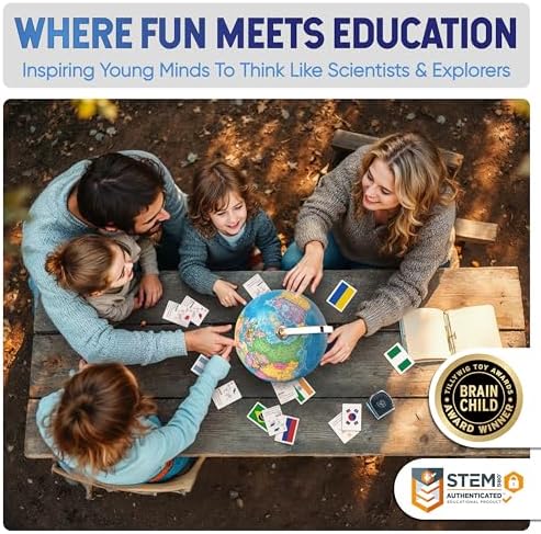 SMART WALLABY 9" Illuminated Educational Kids World Globe + STEM Flags & Countries Interactive Card Game. 3 in 1 Children Desktop Spinning Earth