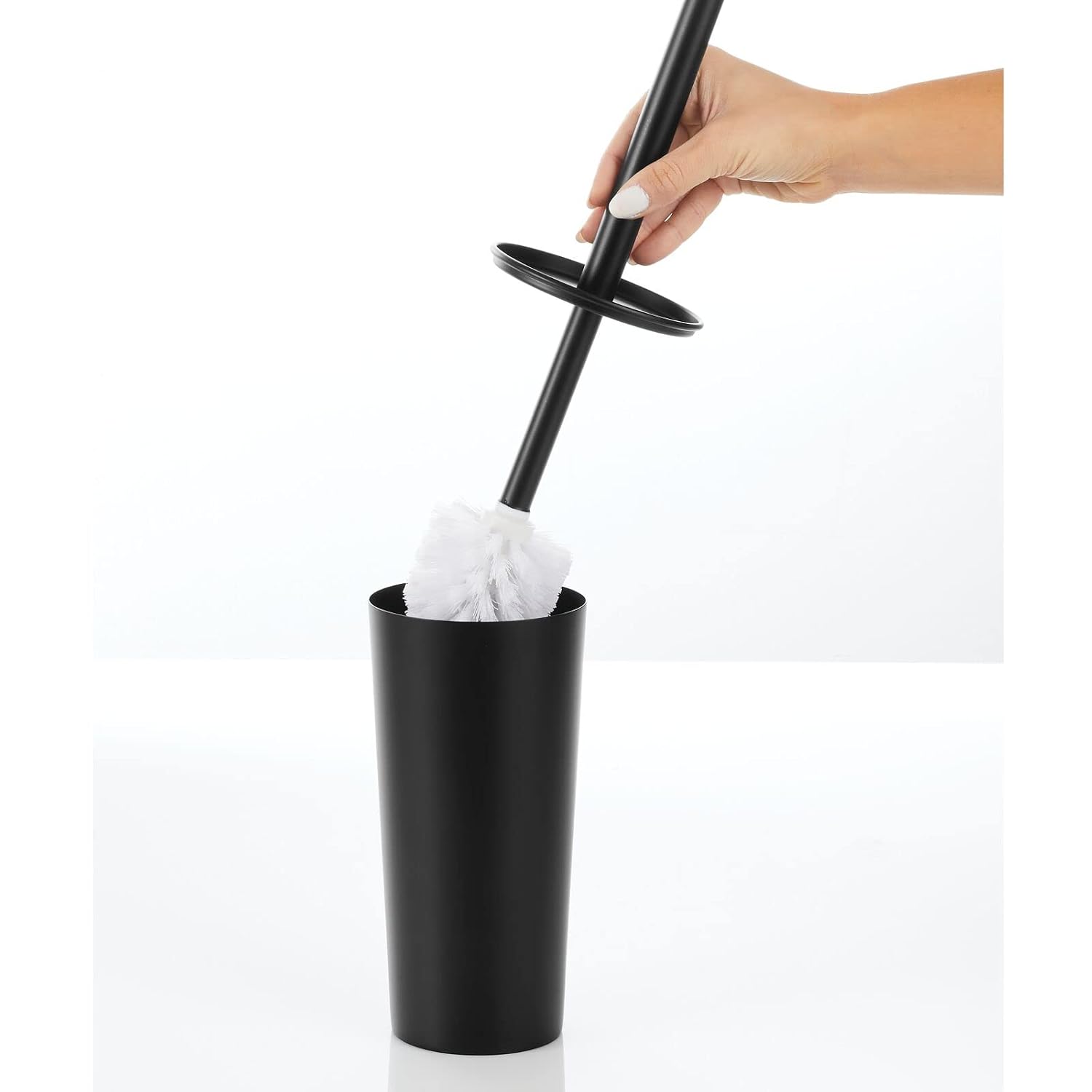 mDesign Metal Freestanding Slim Toilet Bowl Brush and Holder + Rectangle Narrow 5 Liter / 1.3 Gallon Step Pedal Trash Can Wastebasket for Bathroom