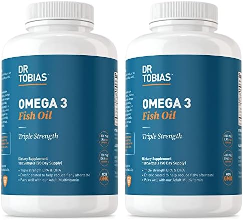 Dr. Tobias Omega 3 Fish Oil 2000mg Triple Strength | 180 Softgels | Heart, Brain & Joint Support | 2,000 mg Fish Oil | 800 mg EPA + 600 mg DHA | Delayed Release Omega 3 Supplement | 90 Servings