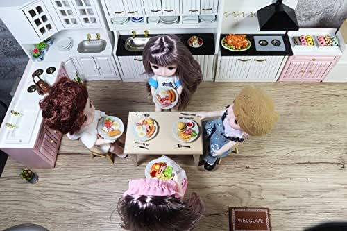 Mixed 5 Assorted Breakfast Dollhouse Miniature Food Set (1/6 Scale) – Sausage, Salmon Steak, Bacon, Burger & Fried Egg on Ceramic Plates