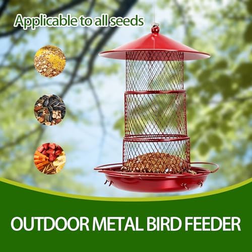 Three-Tier Metal Hanging Bird Feeder Durable and Sturdy, red Finish Large Capacity with Perch Mesh Design Features Drainage Holes (Red)