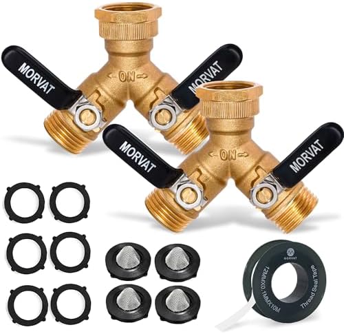 Brass Heavy-Duty Garden Hose Water Splitter | LEAD-FREE 2-Way Y Splitter for Water Spigot & Faucet | Manifold Connector ON/OFF Valves w/Improved Comfort Grip, 3 Extra Washers & Teflon Tape
