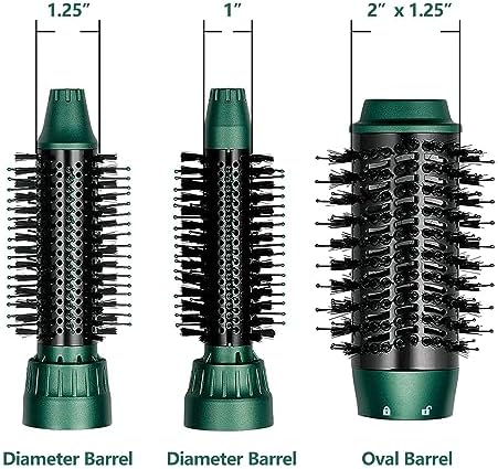 3 in 1 Hair Dryer and Volumizer, Ceramic Negative Ion Curling Dryer Styler with 3 Interchangeable Brush Heads, Green