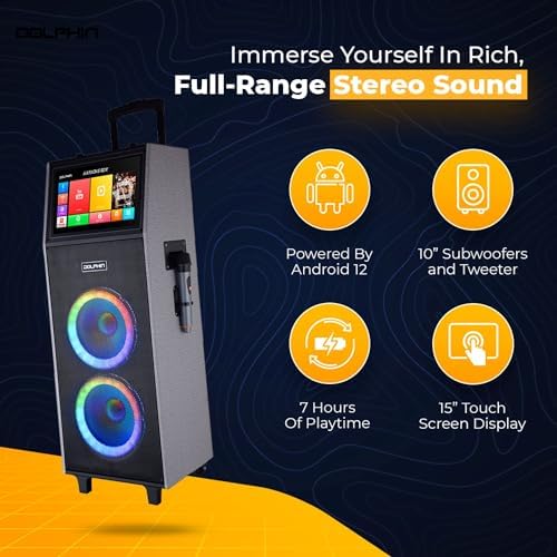 Dolphin KB-2100R Karaoke Machine with 2 Wireless Mics, Dual 10" Woofers | 14" Touchscreen, Android 11.1, Bluetooth, USB, TF, FM & AUX Inputs