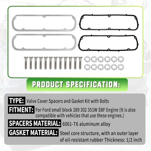 Valve Cover Spacer and Gasket Kit for Ford 289 302 351W SBF V8 | Includes 1/2 Inch Aluminum Spacers, Steel Core Gaskets