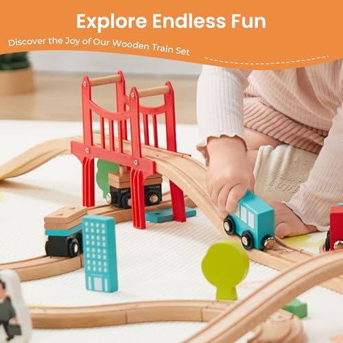 Tiny Land 39 Pcs Wooden Train Set for Toddler with Wooden Tracks | Compatible with Major Brands, Expandable