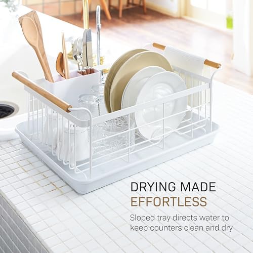 YAMAZAKI Home Dish Drying Rack – Modern White Dish Rack for Kitchen Counter with Removable Drying Tray and Cutlery Holder, Steel + Wood Dish Drying Organizer - Steel + Wood - | Modern dish drying rack organizer with steel and wood construction. Small spa…