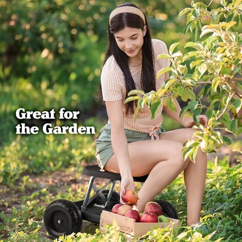 Pure Garden Rolling Garden Seat with Wheels and Tool Tray, Black/Green | Gardening Stool Garden Cart Scooter with Storage for Yard Tools