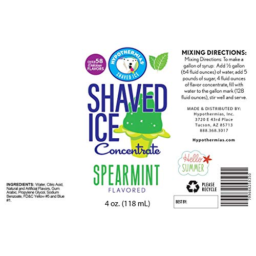 Hypothermias Shaved Ice and Snow Cone Syrup Unsweetened Flavor Concentrate - 4 Fl Oz - Makes 1 Gallon of Ready to Use Syrup - Spearmint - Must Add