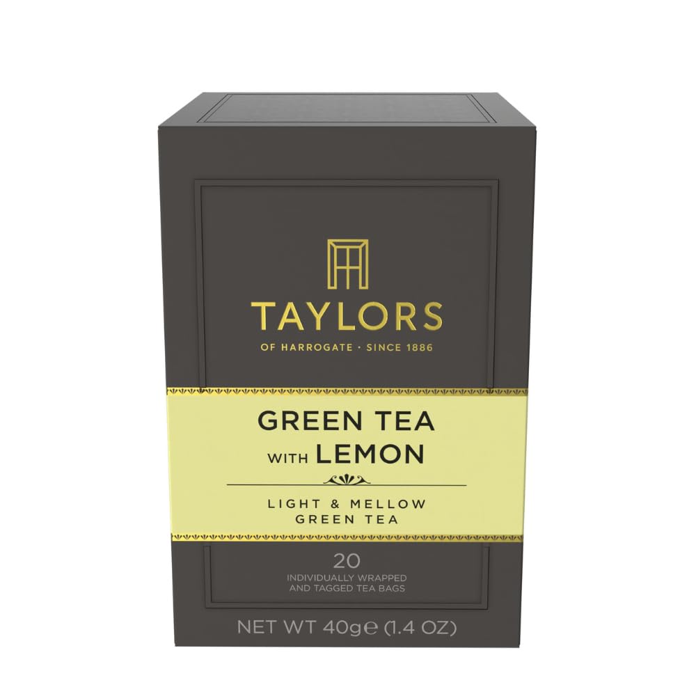 Taylors of Harrogate Green Tea with Lemon, Individually Wrapped Bags, 20 Count (Pack of 1), Citrussy, Mellow and Light, Caffeinated, Enjoy Hot or Iced, 20 Teabags