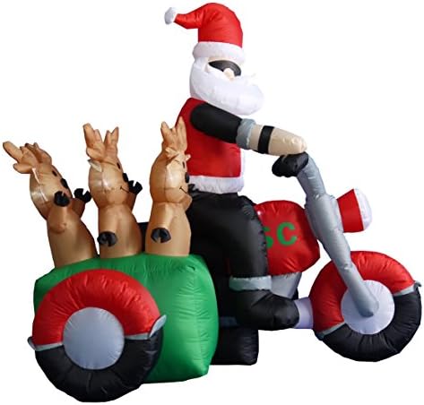 6 Foot Long Inflatable Santa Claus and 3 Reindeers in a Motorcycle | Outdoor Yard Blow-Up Holiday Decoration, Built-in Lights, Self-Inflating