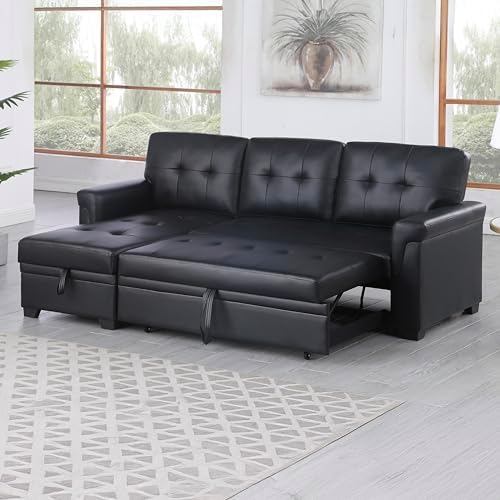 Lilola Home Convertible Sectional Sleeper Sofa Bed 84 Inch, L Shaped Couch with Pull Out Bed, Storage Chaise, Removable Back Cushions for Living Room, Office, Linen Fabric, Dark Gray
