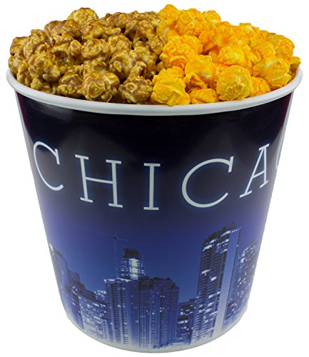 Signature Popcorn - Gourmet 1-Gallon Blue Chicago Skyline Reusable Plastic Bucket Tin - Half Caramel Half Cheddar Cheese Flavor - Holiday