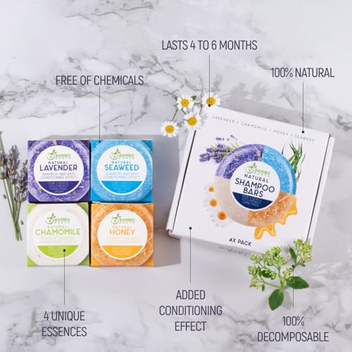 Shampoo Bar with Conditioning Effect - 4 Scent Variety Pack Solid Shampoo Bars for Hair - Cold Pressed, Vegan