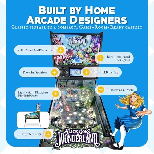 Alice Goes to Wonderland Pinball with LED Lighting | Home Pinball Machine with Real Flippers, Bumpers, Ramps & Multiball, Wi-Fi High Scores