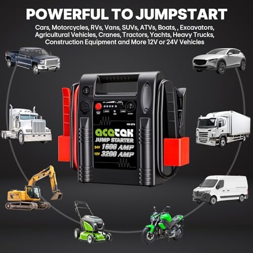24V / 12V Jump Starter, acetek 1600/3200 Peak Amp Battery Jump Starter for Truck Car Tractor Excavator